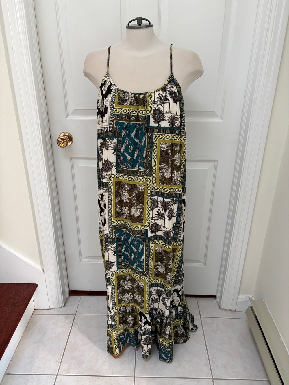 Karen Kane Sleeveless Patchwork Maxi Dress in Teal, Olive & Ivory